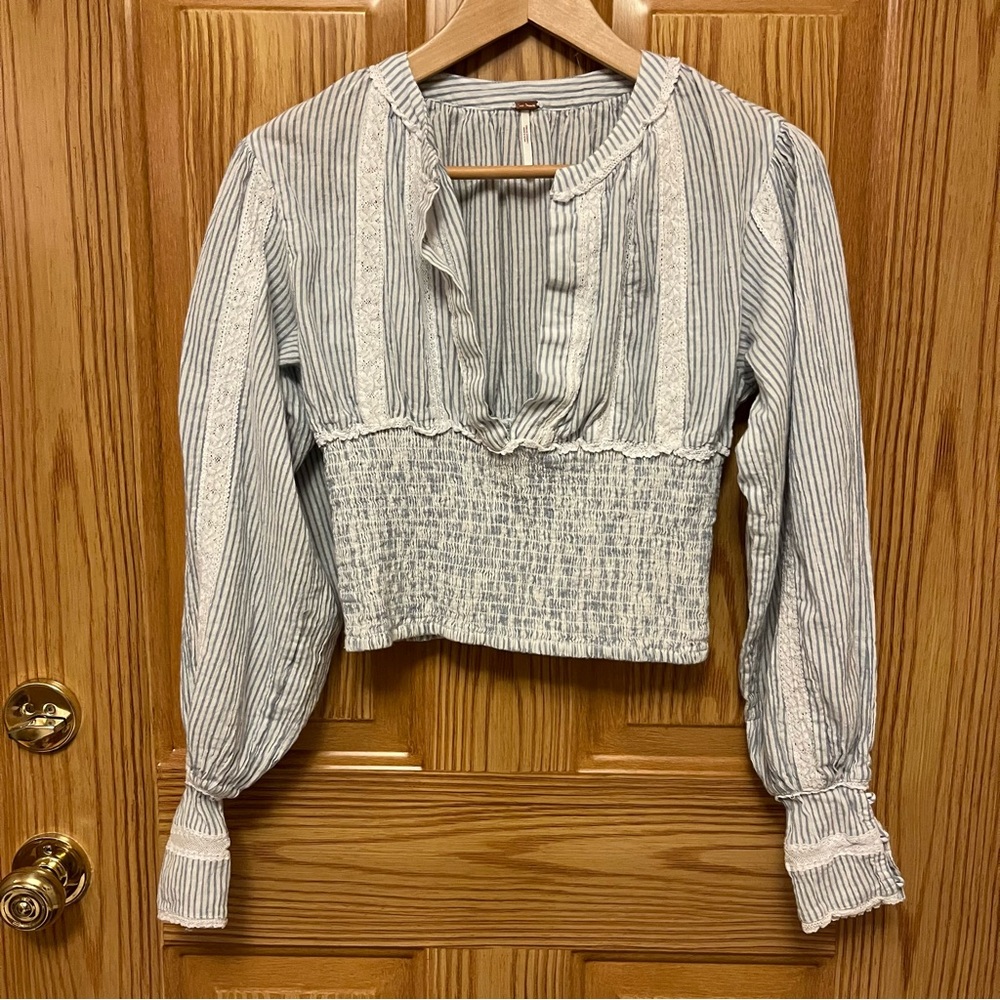 Free People You Look So Good Smocked Cuff Long Sleeve Top Blue White Stripe XS